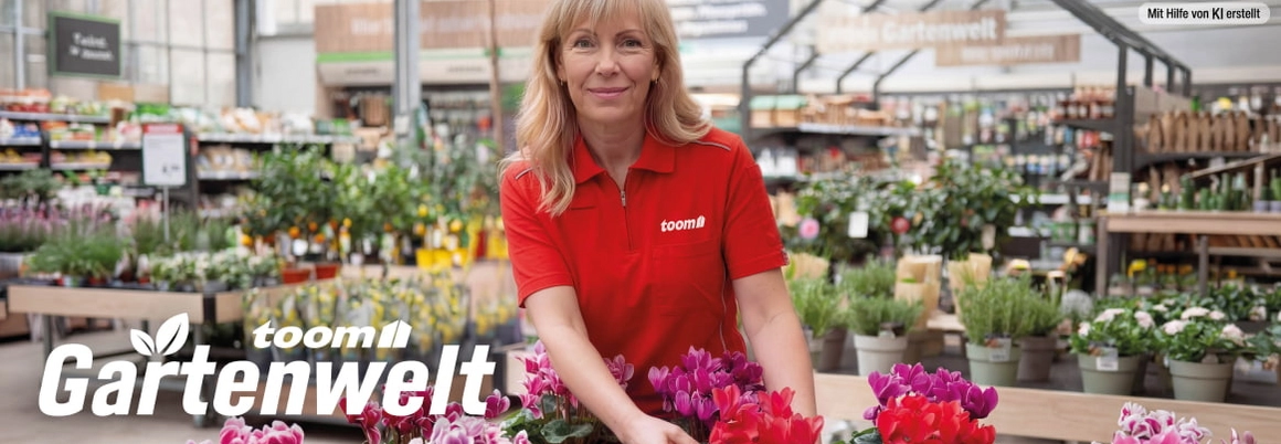 Eine freundliche Person in einem Gartencenter arrangiert bunte Alpenveilchen in Töpfen.