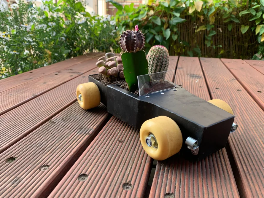 Ein kleines Auto aus Holz mit Sukkulenten bepflanzt.