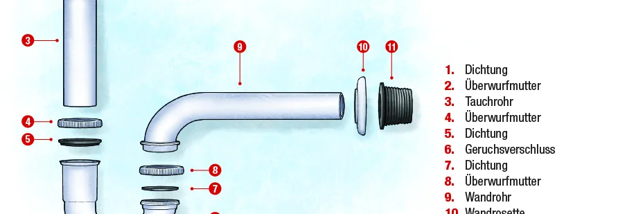 Explosionszeichnung eines Siphons mit Beschriftung der Einzelteile.