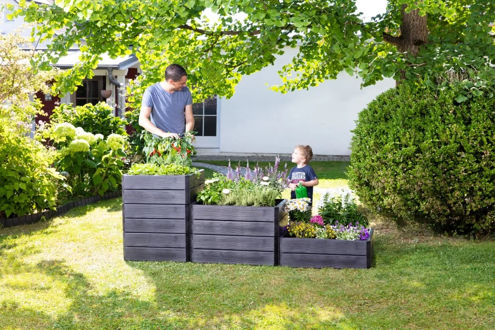 Zwei Personen pflegen Pflanzen in Hochbeeten