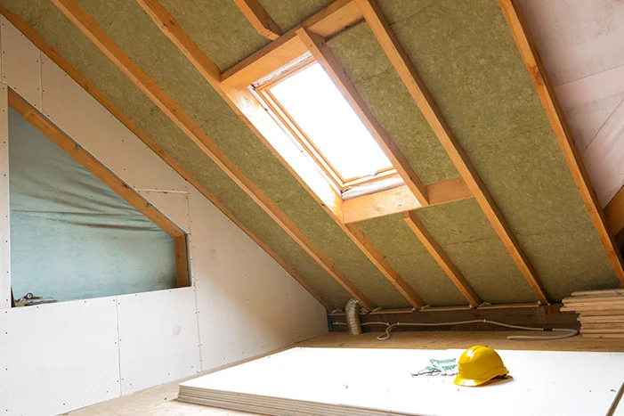 Unfertiger Dachstuhl mit Dämmung und Dachfenster