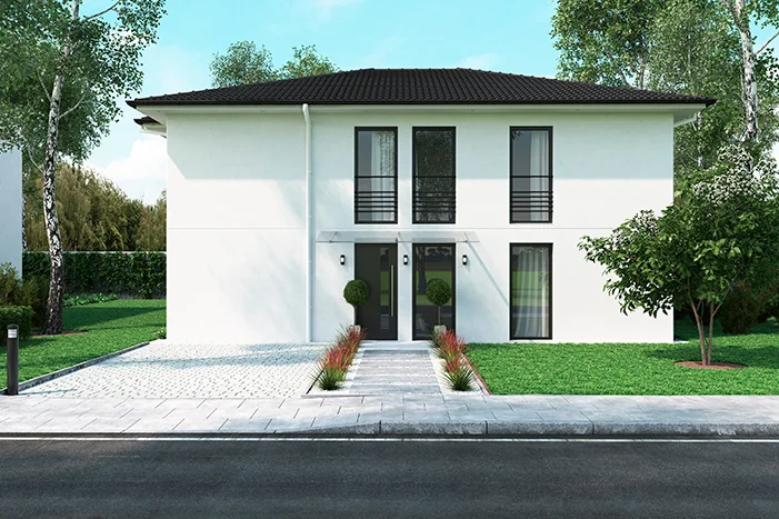 Modernes weißes Zweifamilienhaus mit Garten