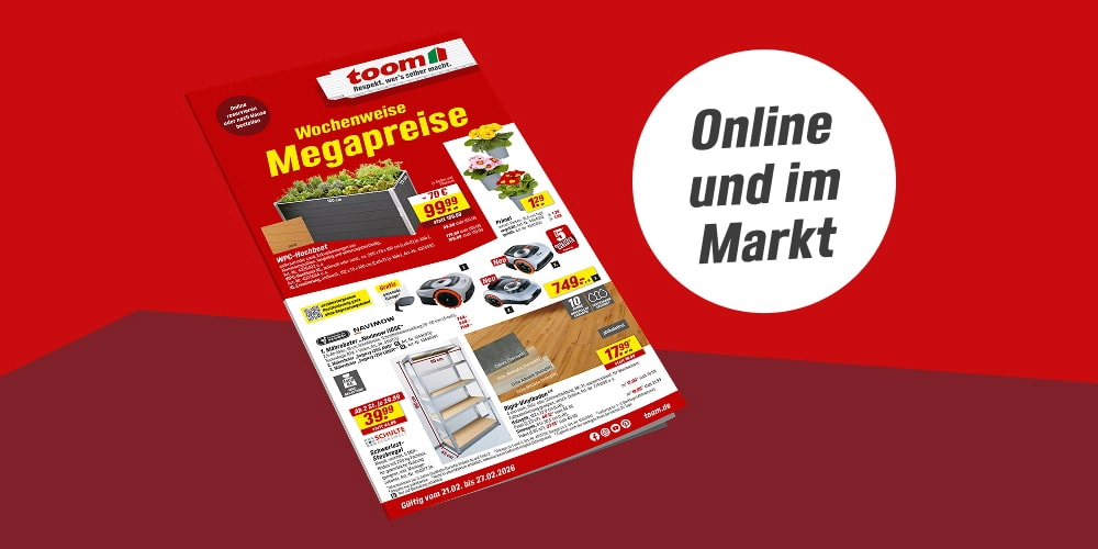 Werbeprospekt eines Baumarktes mit Angeboten auf rotem Hintergrund.