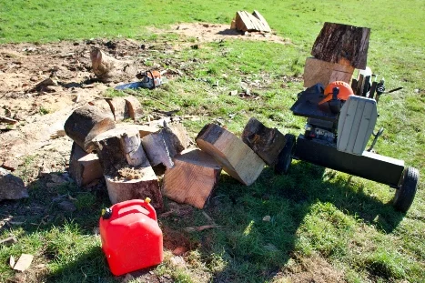 Holzspalter und Holzscheite auf einer Wiese