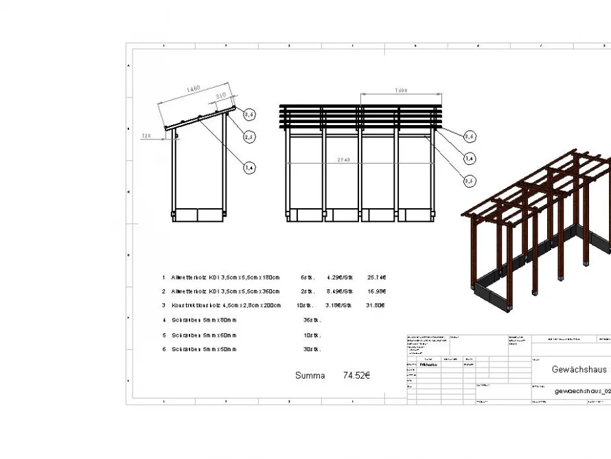 Technische Zeichnung eines Gewächshauses aus Holz