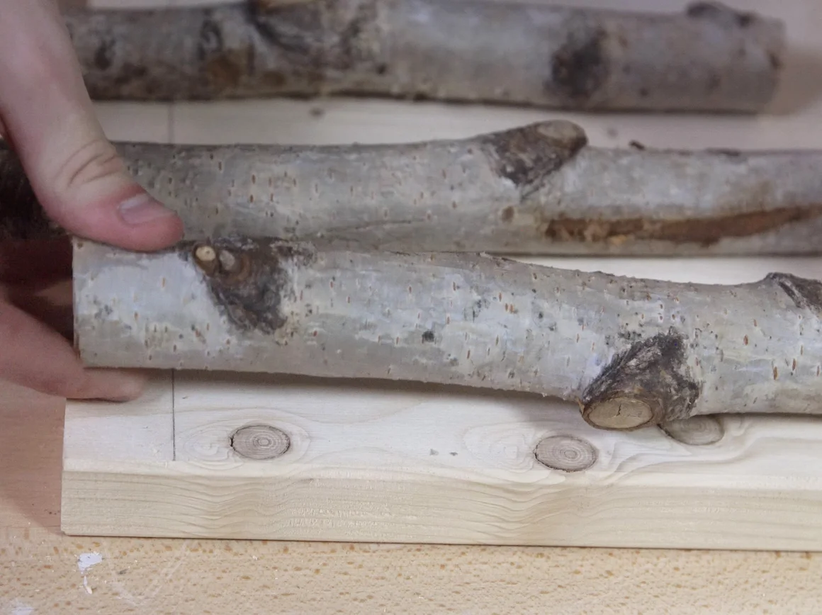 Hand legt Ast auf Holzbrett