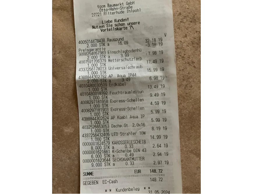 Ein Kassenbon von einem Baumarkt.