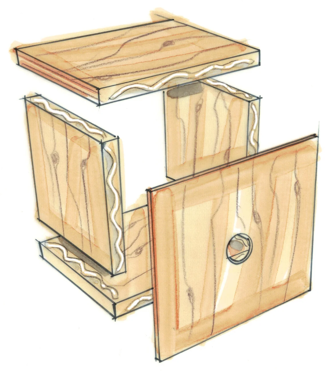 Skizze einer Kindertischleuchte aus Holz