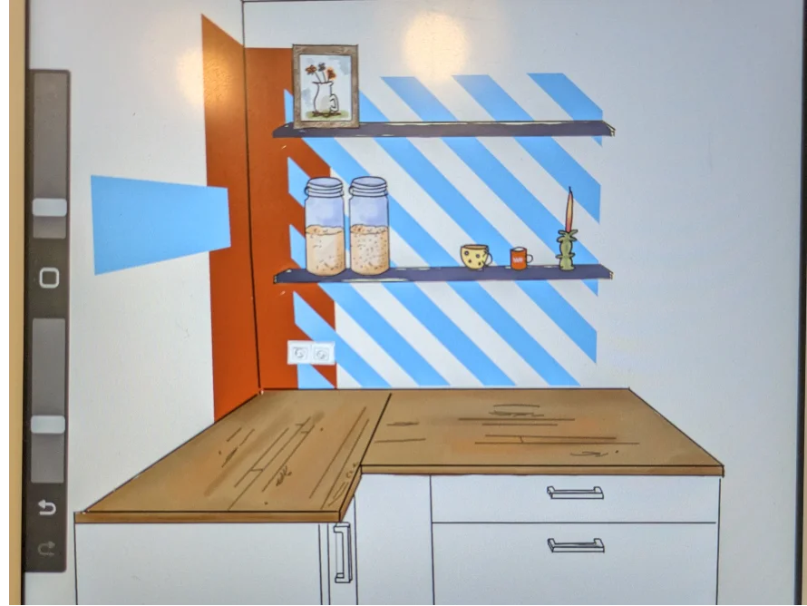 Zeichnung einer Küchenecke mit blau-weiß gestreifter Wand