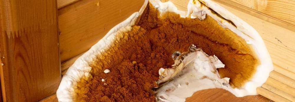 Echter Hausschwamm auf Holzboden und Holzwand.