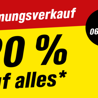 Werbebanner für einen Räumungsverkauf mit 20 % auf alles ab dem 06.09.25.