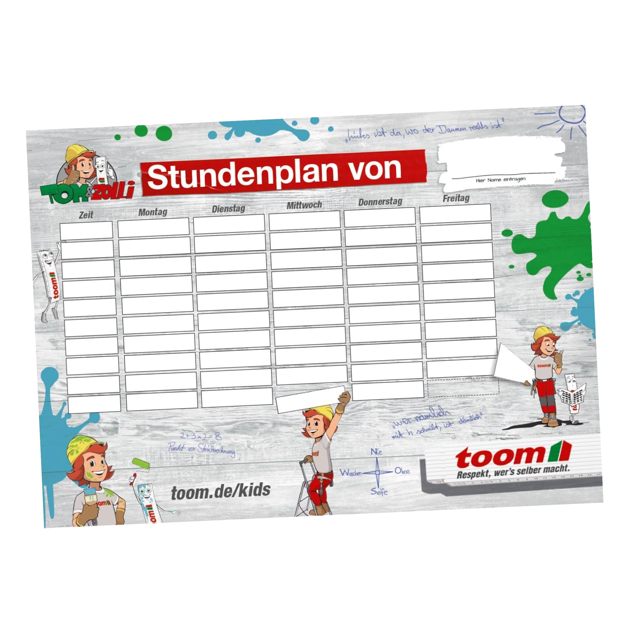 Leerer Stundenplan mit Figuren und bunten Farbklecksen