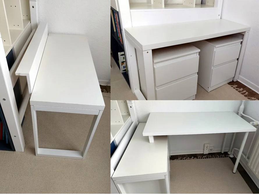 Collage mit verschiedenen Aufbaumöglichkeiten eines weißen Schreibtisches.