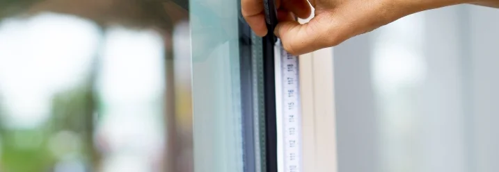 Person misst Fensterrahmen mit Zollstock