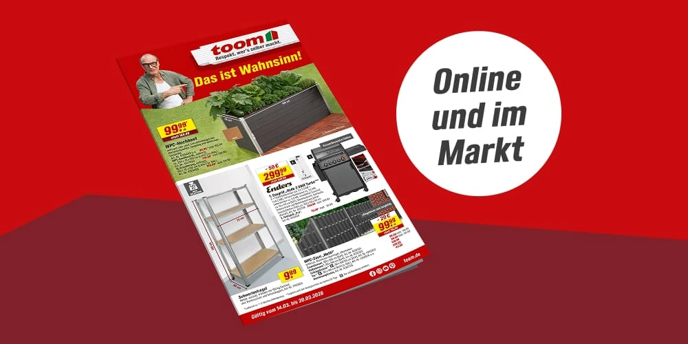 'Online und im Markt' Ein Werbeprospekt für einen Baumarkt auf rotem Hintergrund.