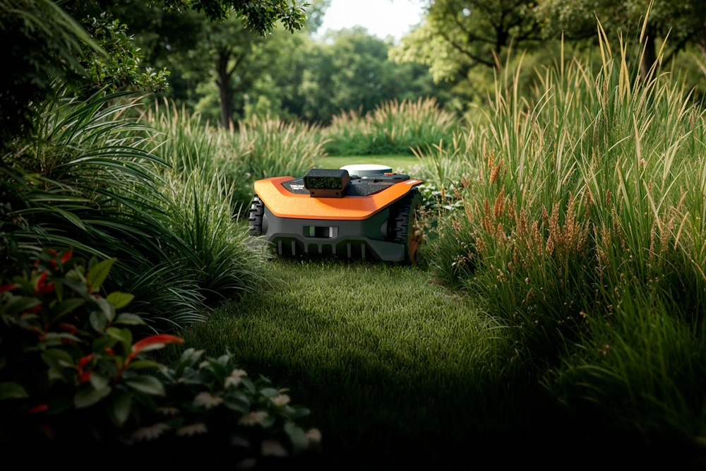 Ein Landroid navigiert durch einen schmale Lücke zwischen zwei Beetabschnitten