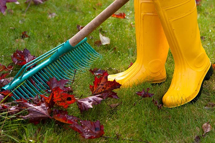 Person in Gummistiefeln mit Rechen
