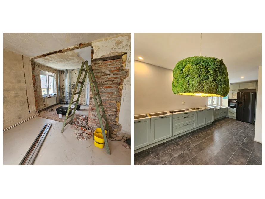 Vorher-Nachher-Bild einer Küchenrenovierung mit Leiter