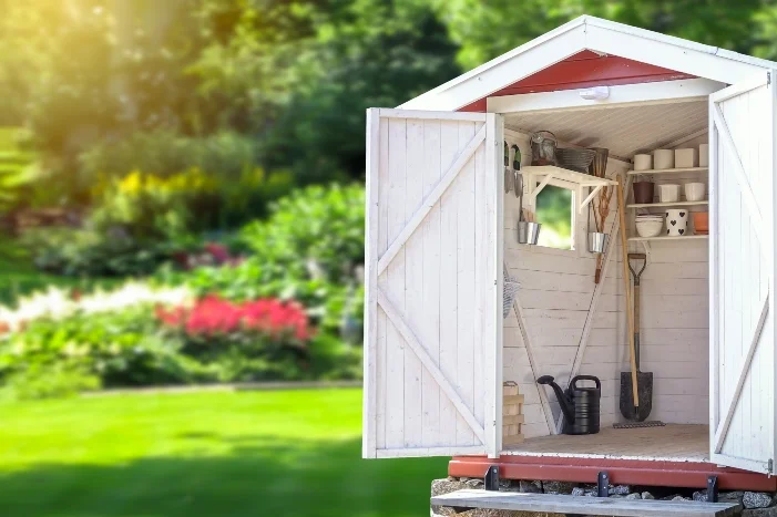 Geöffnetes Gartenhaus mit Gartengeräten