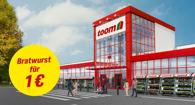 Außenansicht eines Baumarktes mit einem Angebot für eine Bratwurst für 1€.
