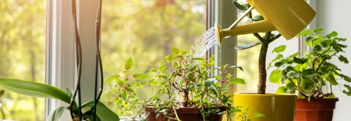 Eine Person gießt Zimmerpflanzen mit einer gelben Gießkanne