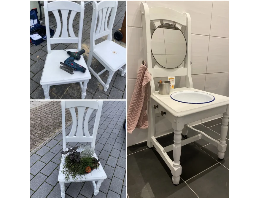 Upcyclingprojekt: Stuhl zu Waschbecken umgebaut