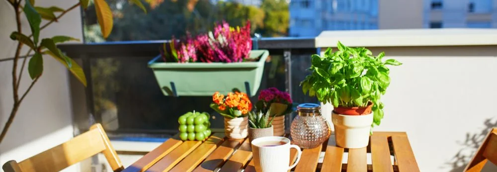 Ein Holztisch mit Pflanzen auf einem sonnigen Balkon.