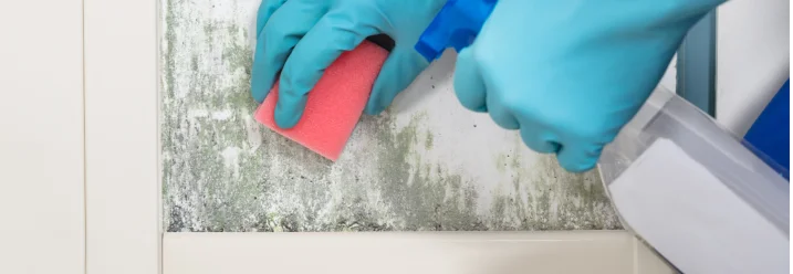 Person reinigt Schimmel mit Schwamm