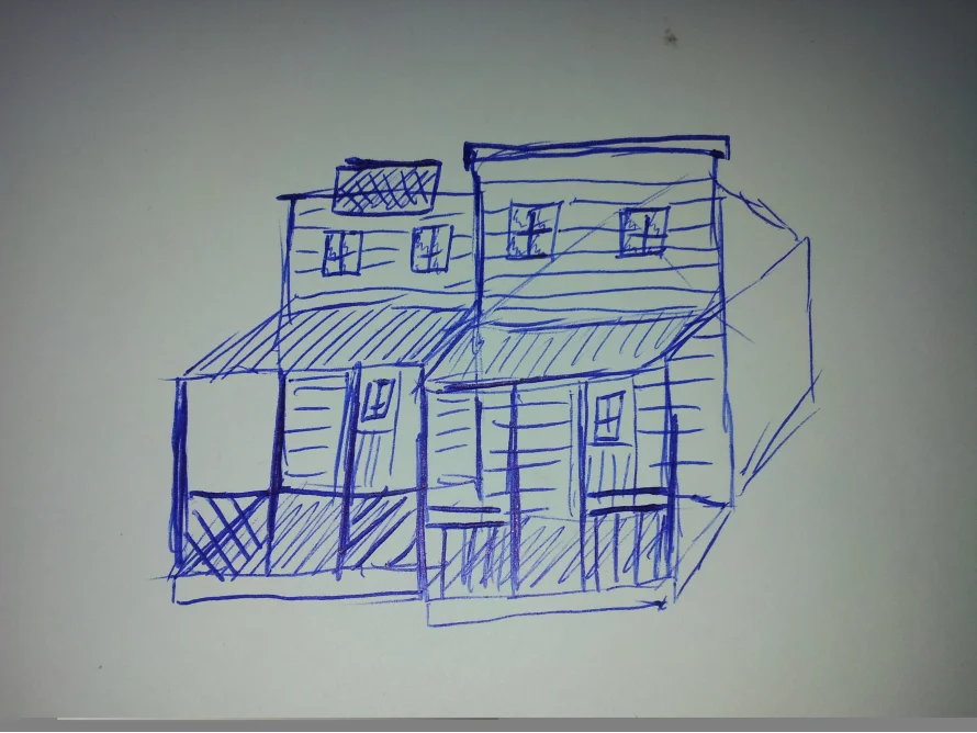 Skizze eines zweistöckigen Gebäudes