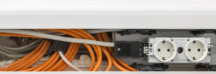 Offener Kabelkanal mit Kabeln und Steckdose