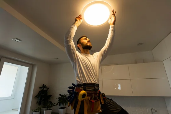 Person bringt eine Deckenleuchte an