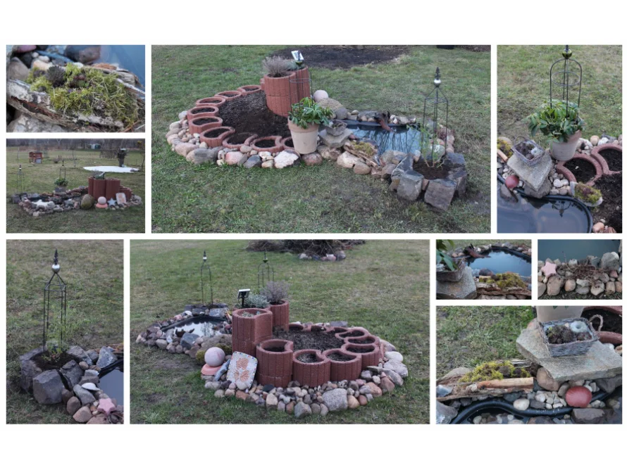 Garten mit Teich und Beeten in verschiedenen Bauphasen