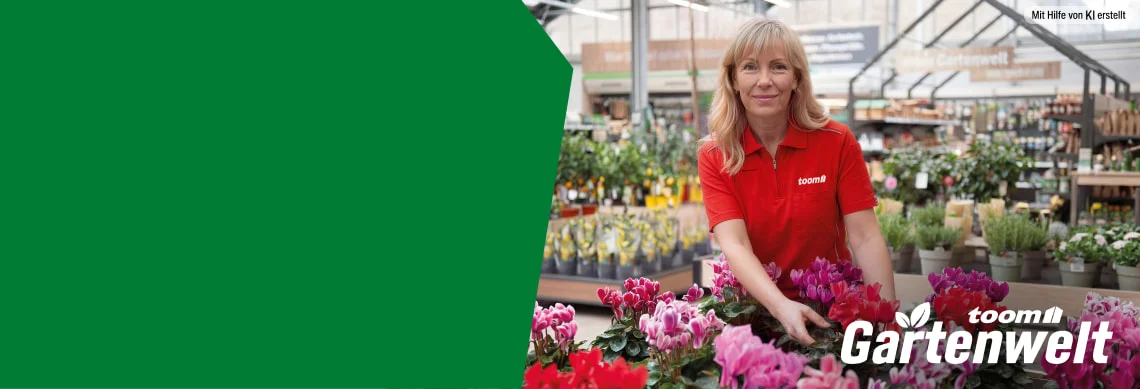Mensch in rotem Shirt sortiert blühende Pflanzen in einem Gartencenter.
