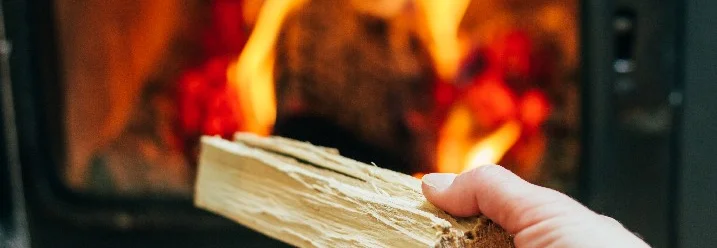 Hand hält Holzscheit vor Kaminfeuer