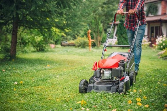 Ein Mann mäht seinen Garten mit einem elektrischen Rasenmäher.