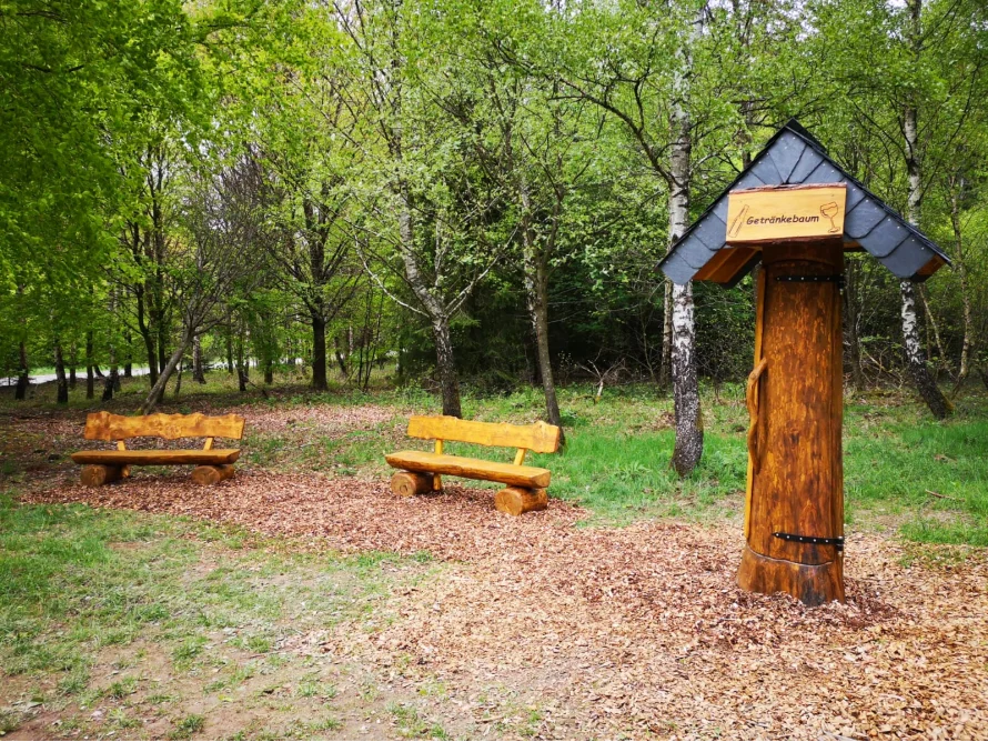 Zwei Bänke und ein Getränkestand im Wald