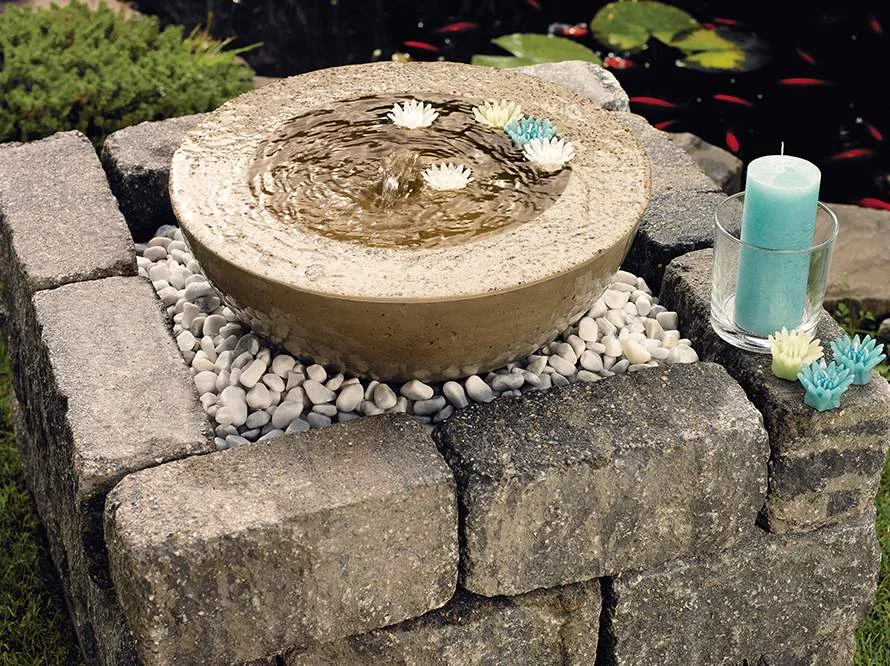 Steinschale mit Wasser und Blüten