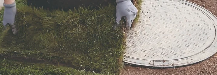 Person verlegt Rollrasen um einen Schacht.