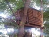 Ein Baumhaus aus Holz in einem Baum.