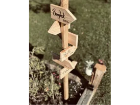 Wegweiser aus Holz mit verschiedenen Städtenamen und Entfernungen