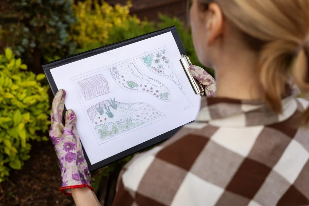 Eine Person hält einen gezeichneten Gartenplan auf einem Klemmbrett.
