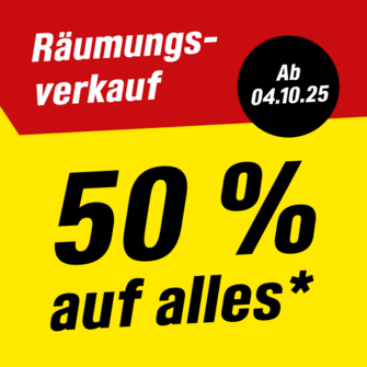 Anzeige für einen Räumungsverkauf mit 50 % auf alles ab dem 04.10.25.
