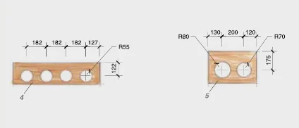 Technische Zeichnung von Holzteilen mit Bohrungen und Bemaßung.