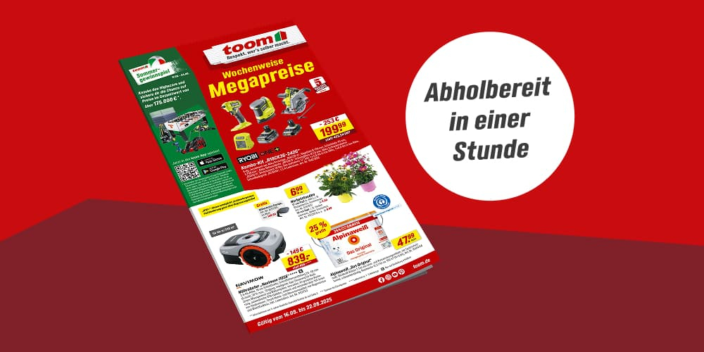 Prospekt eines Baumarktes mit wöchentlichen Angeboten und Abholservice.