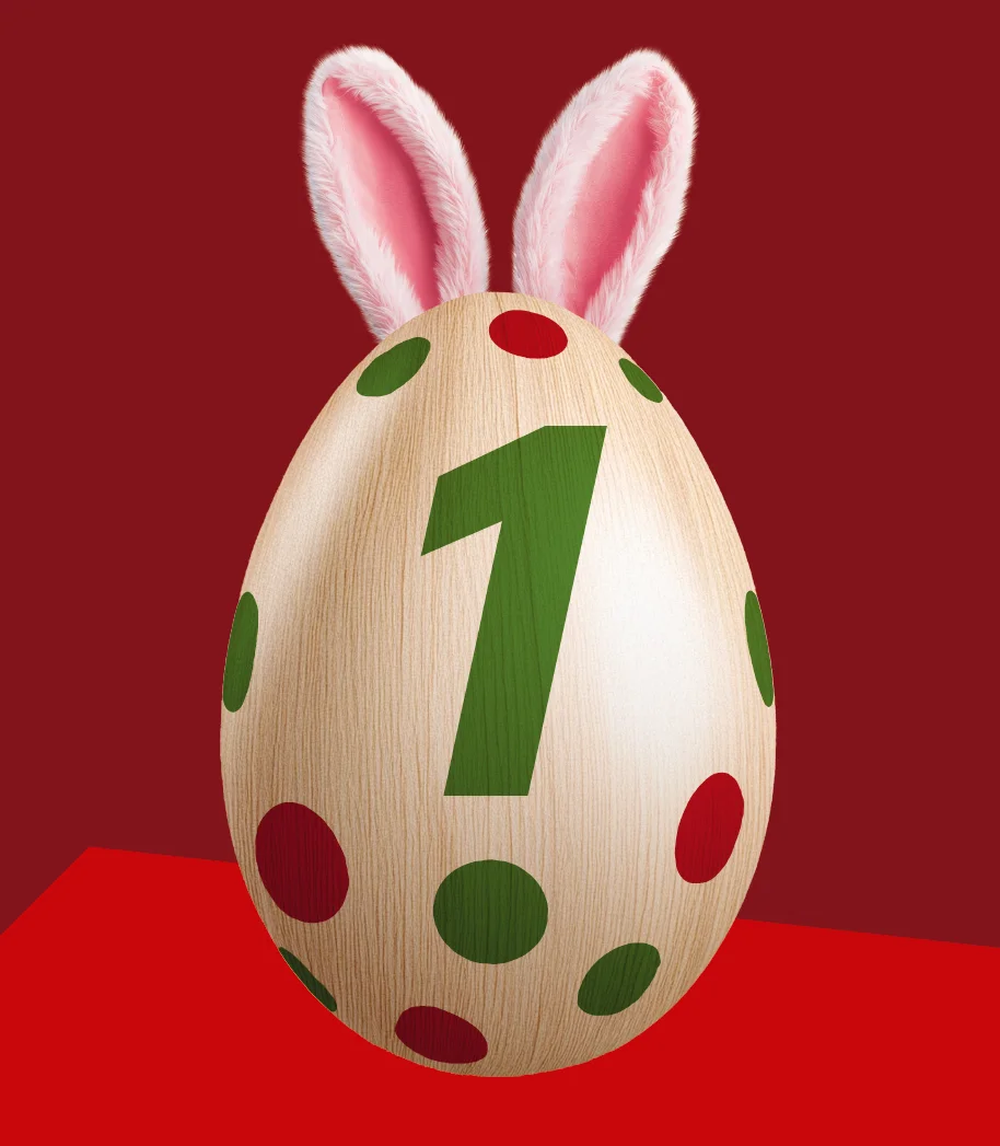 Osterei in Holzoptik mit Hasenohren und der Zahl 1.