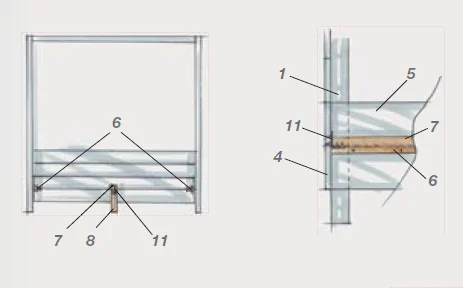 Technische Zeichnung einer Möbelkonstruktion mit nummerierten Teilen.