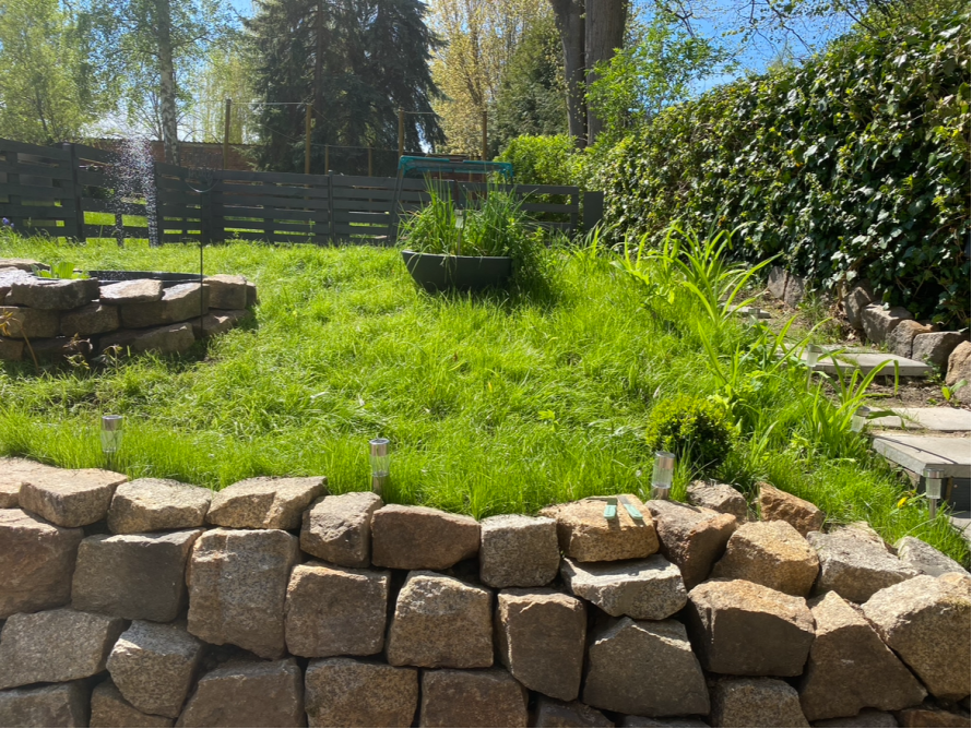 Garten mit Rasenfläche und Steinmauer