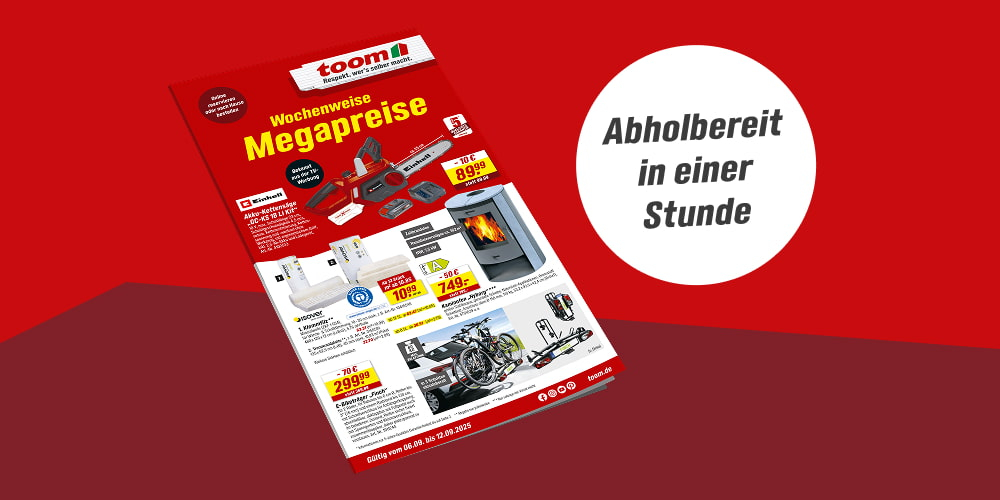 Ein Prospekt mit wöchentlichen Angeboten, daneben steht 'Abholbereit in einer Stunde'.