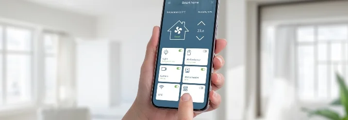 Person bedient Smartphone mit Smart-Home-App
