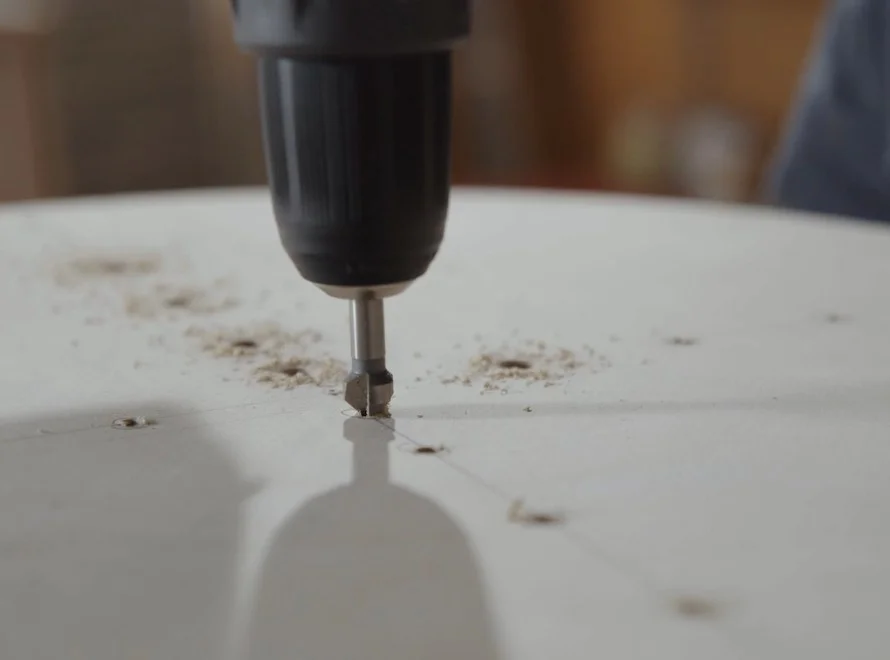 Bohrer bohrt Loch in Holzplatte